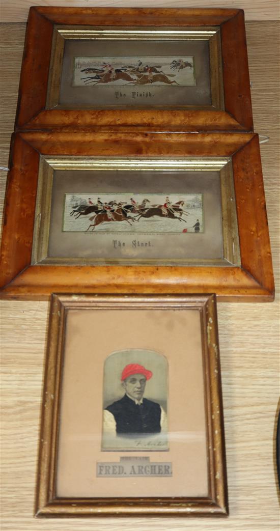 Three silk Stevengraphs woven by Thomas Stevens, horse racing related largest including frame 21 x 28cm